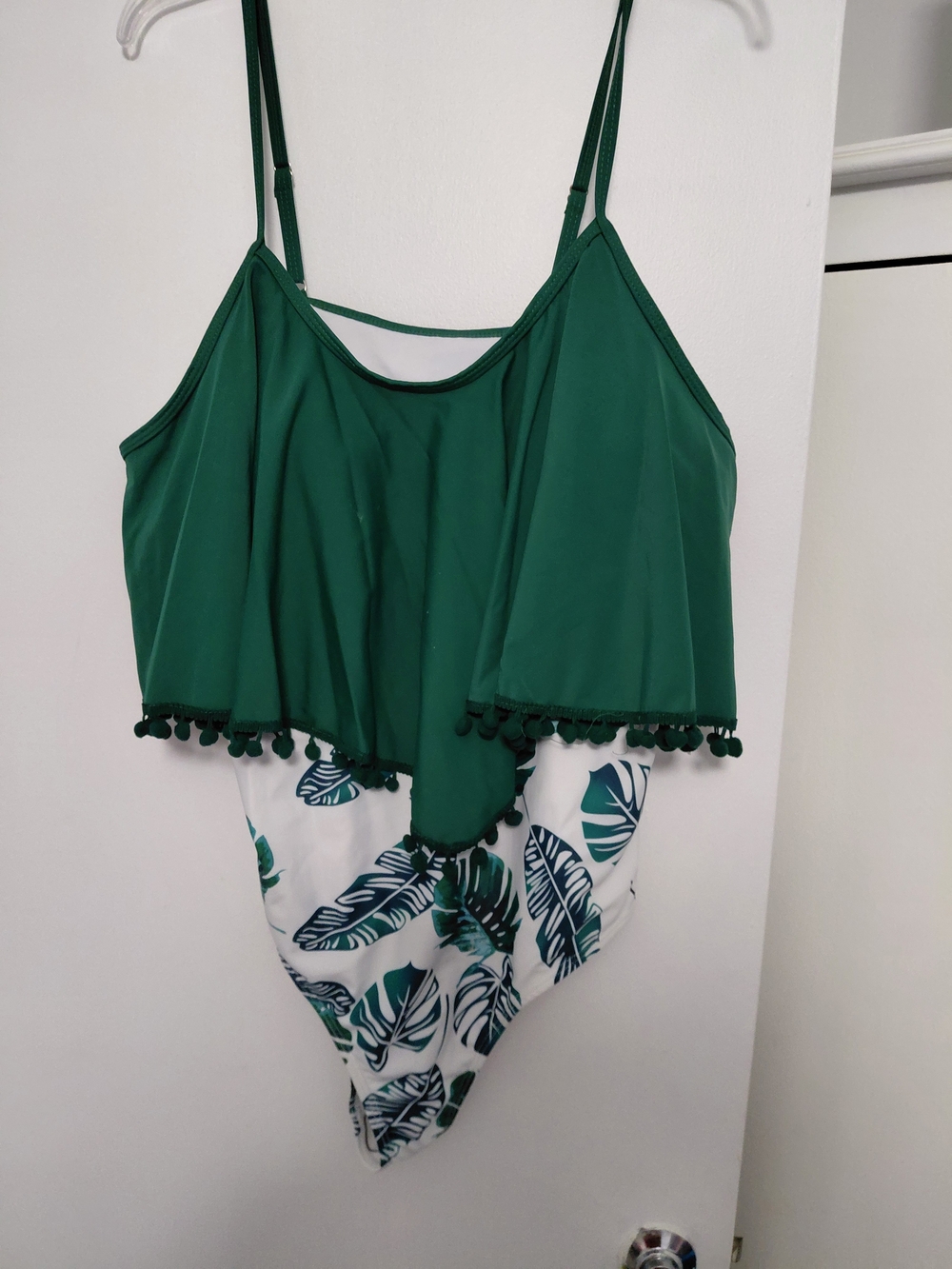 Green Pom-Trim One-Piece Swimsuit with Leaf Print